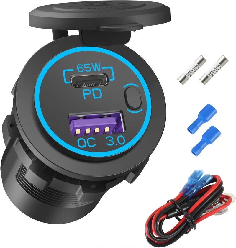 Bluejw 12V USB C Car Charger Outlet, 65W PD3.0 & 18W QC3.0 Fast Charging USB Car Charger Socket for Laptops, Tablets, Phones - Waterproof Automobile Charger for Cars, Trucks, Boats (12V/24V) - Image 1